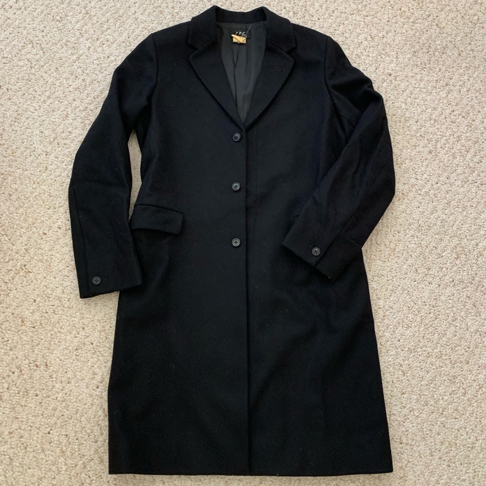 A.P.C. Women’s Long Coat / black trench, Medium (or Men’s size Small)
